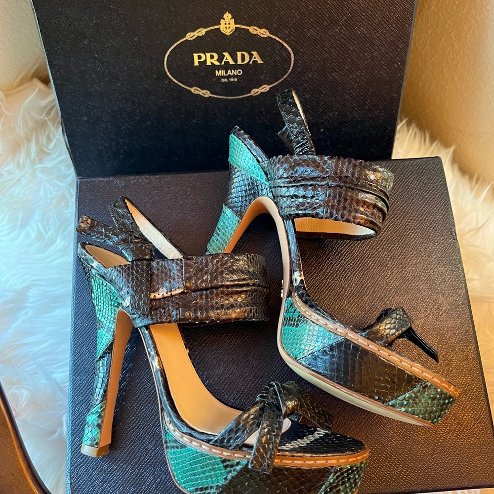 Prada Black Snake Leather Twist Knot Block Sandal… - image 5